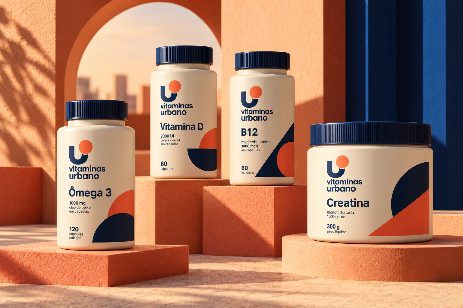 Embalagens Vitaminas Urbano em cenário arquitetônico azul e coral